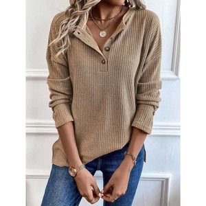 preppy Half Button Drop Shoulder ribbed Knit long sleeve Tee